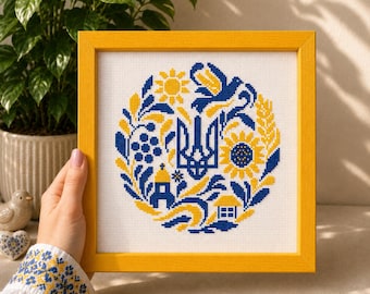 Ukraine Cross Stitch Pattern, Blue Yellow Ukrainian Symbols Embroidery (PDF Chart)