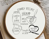 Family recipe embroidery design, counted cross stitch pattern decor gift, kitchen needlepoint, dining room needlework