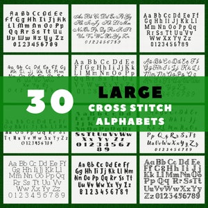 Patrón de alfabeto de punto de cruz grande conjunto de 30 fuentes / Letras mayúsculas y minúsculas de punto de cruz con números