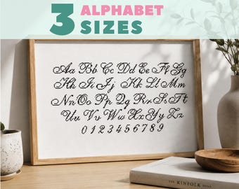 Cursive cross stitch alphabet pattern with numbers, curly cross stitch letters in THREE sizes
