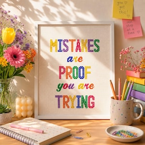 Padrão de Ponto Cruz Motivacional: Os erros são a prova de que você está tentando | Decoração inspiradora para sala de aula de professores com bordado (gráfico em PDF)