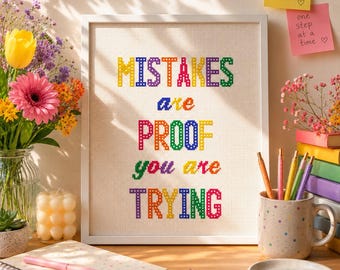 Padrão de Ponto Cruz Motivacional: Os erros são a prova de que você está tentando | Decoração inspiradora para sala de aula de professores com bordado (gráfico em PDF)