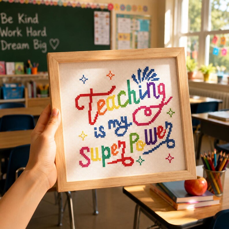 Teacher Cross Stitch Pattern | Teaching is My SUPER Power Embroidery