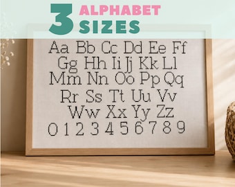 Alfabeto em ponto cruz fácil, gráfico completo do alfabeto em ponto cruz | Letras minúsculas, letras médias, letras grandes com números