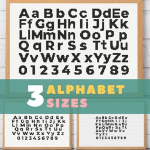 Cross stitch alphabet pattern, bold cross stitch fonts in three sizes