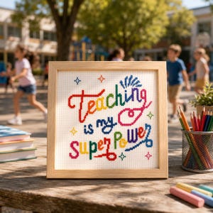 Modern Teacher Cross Stitch Pattern PDF, Rainbow School Embroidery, Classroom Wall Art, Instant Download