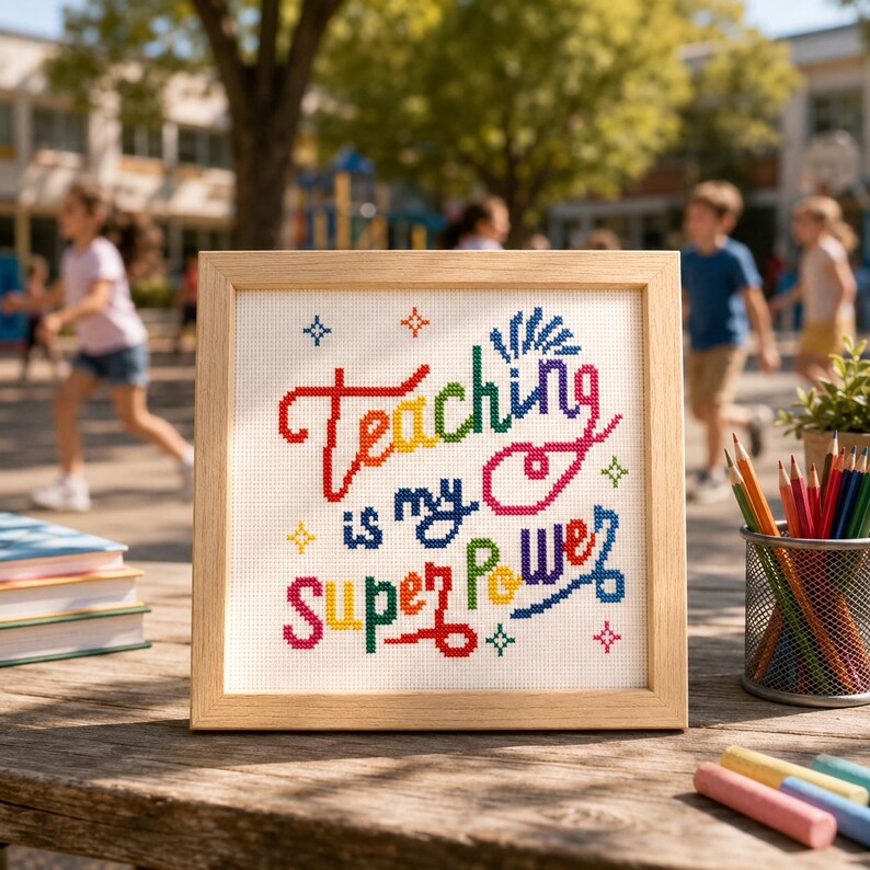 Modern Teacher Cross Stitch Pattern PDF, Rainbow School Embroidery, Classroom Wall Art, Instant Download