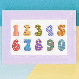 Numbers 0-9 cross stitch pattern, easy counted figures embroidery template, numerical beginner friendly cross stitch chart