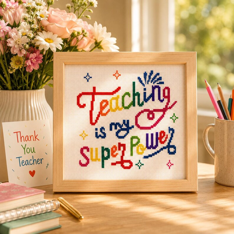 Teaching Is My Super Power Cross Stitch Pattern PDF, Teacher Gift Embroidery, School Decor, Instant Download