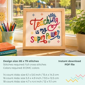 School Teacher Cross Stitch Pattern, Teaching Is My Super Power PDF, Colorful Needlepoint, Instant Download