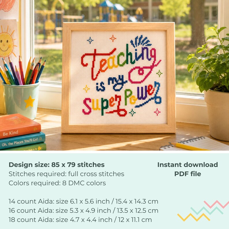 School Teacher Cross Stitch Pattern, Teaching Is My Super Power PDF, Colorful Needlepoint, Instant Download