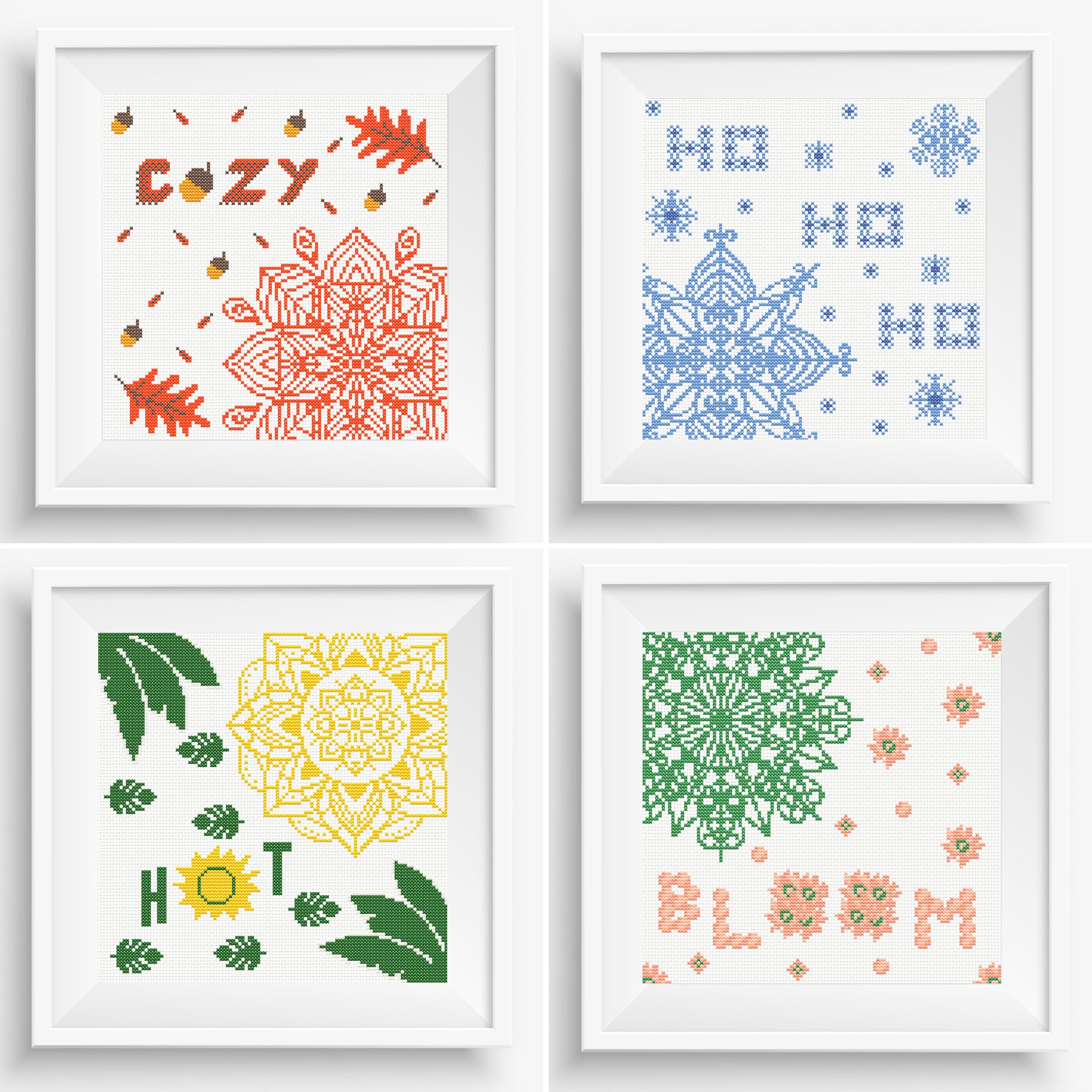 4 Seasons Cross Stitch Patterns, Set of Four Seasons Fall, Winter