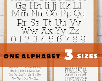 Easy cross stitch alphabet pattern, full alphabet cross stitch chart | Small letters, medium letters, large letters with numbers