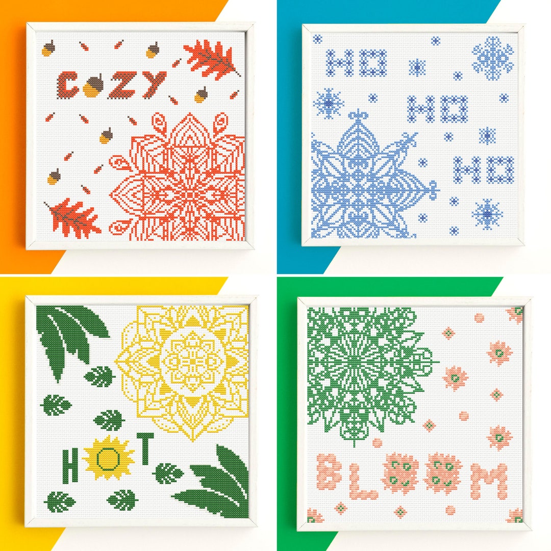 4 Seasons Cross Stitch Patterns, Set of Four Seasons Fall, Winter