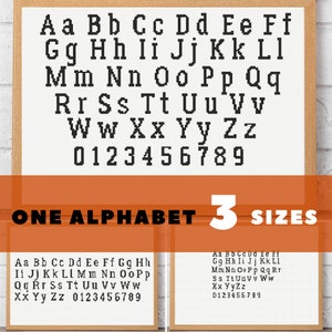 Printed type cross stitch alphabet pattern: letters and numbers LARGE, MEDIUM, SMALL cross stitch font sizes
