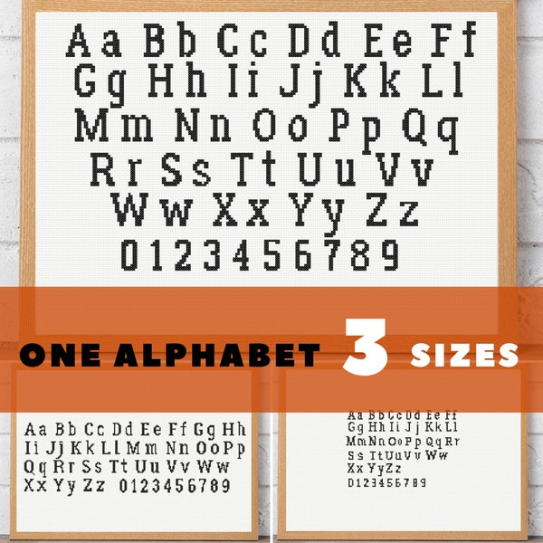 Printed type cross stitch alphabet pattern: letters and numbers LARGE, MEDIUM, SMALL cross stitch font sizes