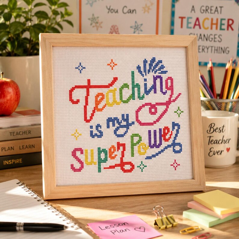 Teacher Cross Stitch Pattern, Teaching Is My Super Power PDF, Classroom Decor, Teacher Appreciation Gift