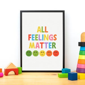 以下が含まれることがあります： 虹色の文字で「ALL FEELINGS MATTER」と書かれた額装されたプリント。テキストの下には、カラフルな絵文字の顔文字が5つあります。