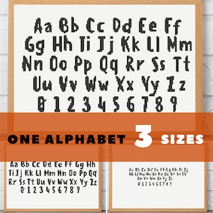 Modernes Kreuzstich-Alphabet | Cartoon Kreuzstichmuster aus Buchstaben und Zahlen in verschiedenen Größen