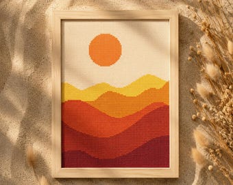 Desert Sunset Cross Stitch Pattern | Modern Landscape Embroidery (PDF Chart)