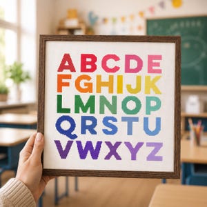 Alfabetpatroon kruissteek, getelde kruissteekletters voor klasinrichting, borduren terug naar school kinderen (pdf-diagram)