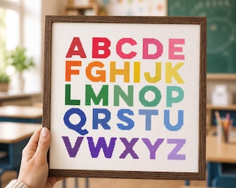 Alfabeto em ponto cruz, letras em ponto cruz para decoração de sala de aula, bordado infantil para volta às aulas (gráfico em PDF)