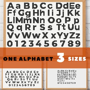 Bold print alphabet cross stitch pattern, typewriter cross stitch font in three sizes