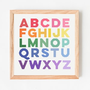 Patrón de punto de cruz con el alfabeto completo, letras brillantes contadas en punto de cruz para la decoración del aula, bordado para niños de regreso a la escuela
