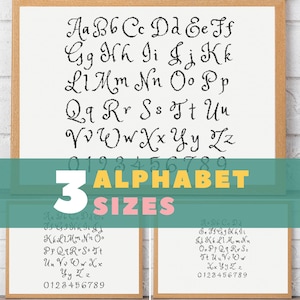 Fuente de caligrafía rizada con letras de punto de cruz, patrón de alfabeto de punto de cruz con números en TRES tamaños