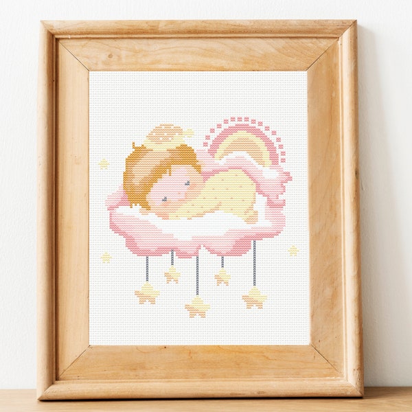 Baby girl cross stitch pattern | Cross stitch embroidery for kids room nursery | Little cute toddler sleeping on a pink cloud