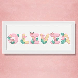 Personalized name cross stitch pattern, custom name cross stitch embroidery, bespoke flower alphabet baby girl decor digital download