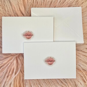 Tarjetas de notas en blanco de bellas artes con sobres, juego de 8, labios rosados, besos, acuarela, tarjetas de agradecimiento, tarjetas de felicitación