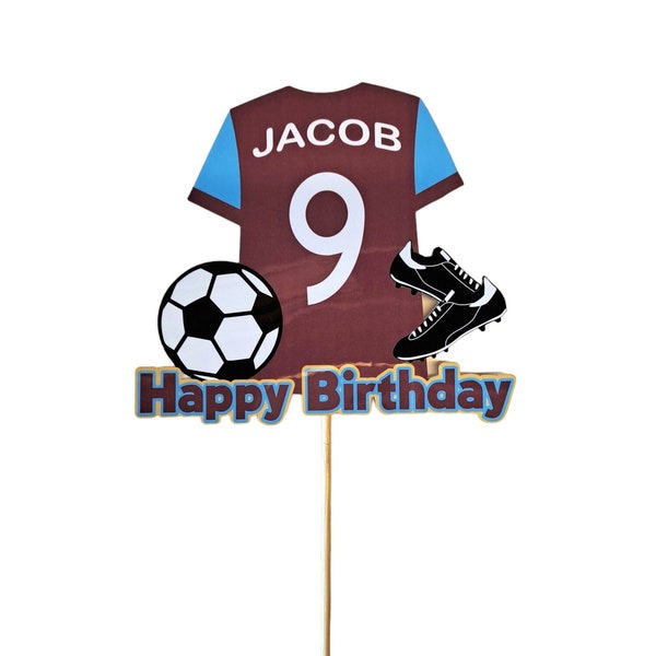 West Ham style football cake topper  Personalised birthday cake decoration.  Any Name and number.  Wipe clean laminated card.