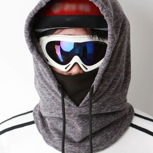 Gray Ready4Winter AF Fleece Ski Hood/Balaclava, Windproof Face mask/ Neck warmer, Snowboard hood , Fits over helmet, Warm and Cozy, Unisex.