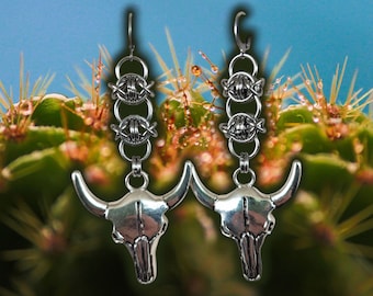 LONESOME Stainless Steel Steer Skull Western Chainmail Earrings