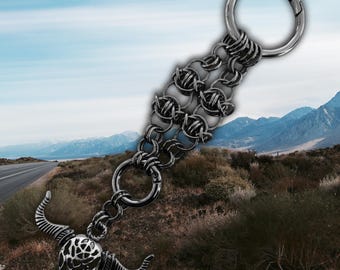 Stainless Steel Chainmail Gothic Western Bull Skull Charm Keychain, Bag Pendant | Tooth and Spell