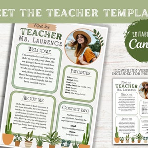 Conozca la plantilla del maestro, maestro editable imprimible, carta de regreso a la escuela, folleto del boletín de puertas abiertas, aula boho, descarga instantánea