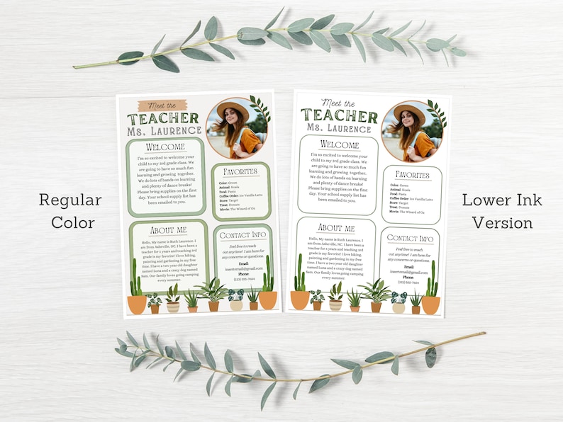 May include: A printable teacher meet and greet template with a green and brown color scheme. The template includes a welcome message, a section about the teacher, a section about their favorites, and a contact info section. The template also includes a photo of the teacher and a cactus illustration.