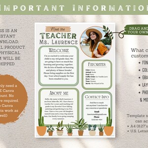 May include: A green and brown printable teacher meet and greet template with a photo of a woman wearing a hat and a floral background. The text "Meet the Teacher Ms. Laurence" is at the top of the template. The template includes sections for "Welcome", "About Me", "Favorites", and "Contact Info". The template also includes a section for "Drag and Drop Your Own Photo".