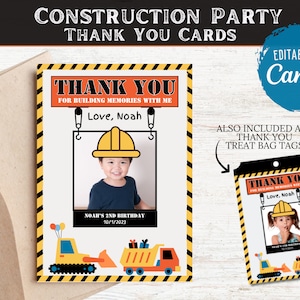 Cartões de agradecimento para festa de construção com foto, etiquetas de saco de tratamento editáveis com tema de construção, etiquetas de presente personalizadas, aniversário de caminhão basculante
