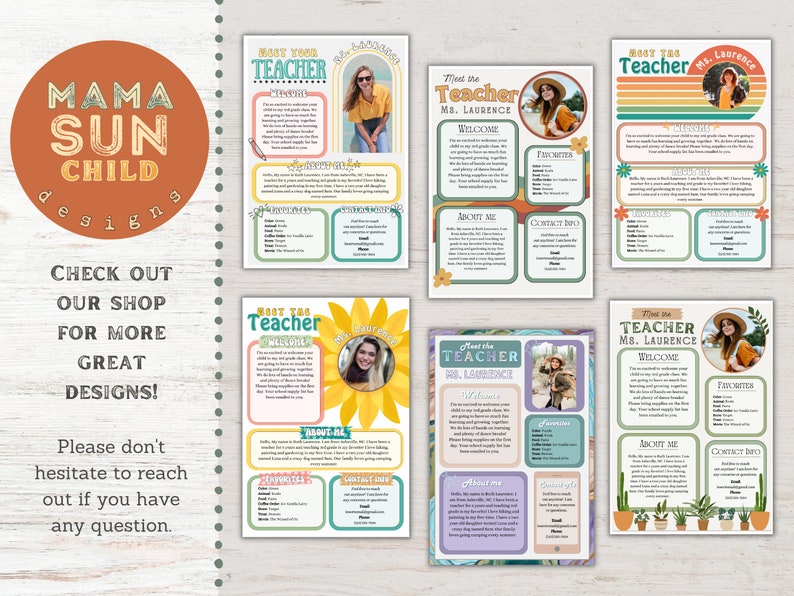 May include: A set of four printable teacher meet the teacher cards with a retro 70s theme. Each card features a different color scheme and a sunflower, cactus, or striped background. The cards include sections for "About Me", "Favorites", "Contact Info", and a photo of the teacher.