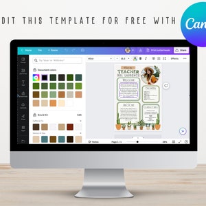 May include: A computer screen displaying a Canva template for a teacher's welcome page. The template features a green and brown color scheme with potted plants and a photo of a teacher. The text on the template reads "This is my teacher, Ms. Laurence." and "Welcome".