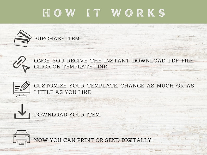May include: A graphic illustration showing the steps to download and customize a digital template. The steps are: Purchase Item, Once you receive the instant download PDF file, click on template link, Customize your template, change as much or as little as you like, Download your item, Now you can print or send digitally!