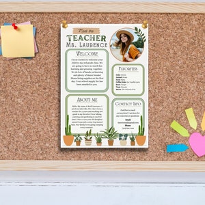 May include: A welcome letter for a teacher named Ms. Laurence. The letter includes a photo of Ms. Laurence, a welcome message, information about her, her favorite things, and contact information. The letter has a green and brown color scheme with a cactus and plant design.