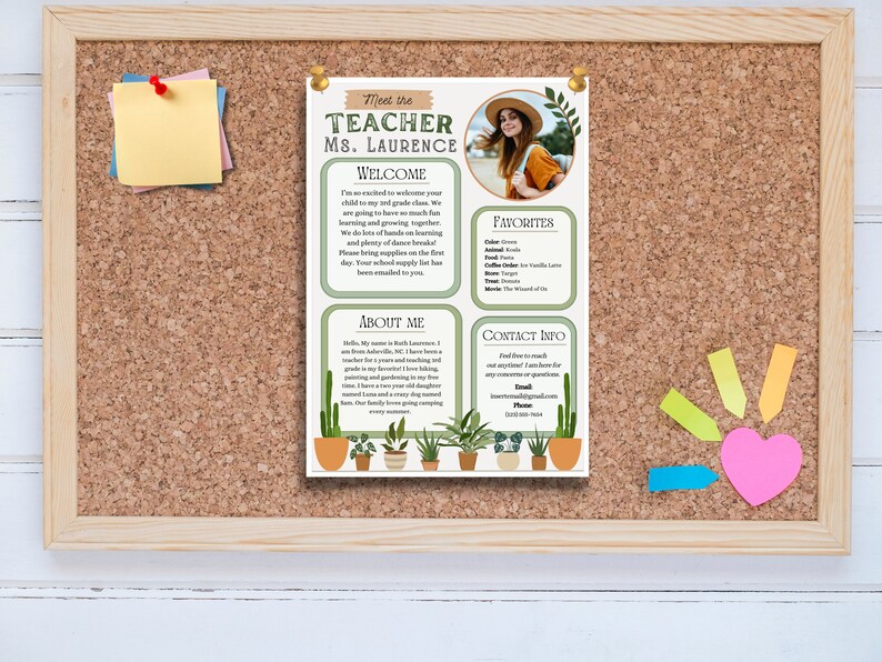 May include: A welcome letter for a teacher named Ms. Laurence. The letter includes a photo of Ms. Laurence, a welcome message, information about her, her favorite things, and contact information. The letter has a green and brown color scheme with a cactus and plant design.