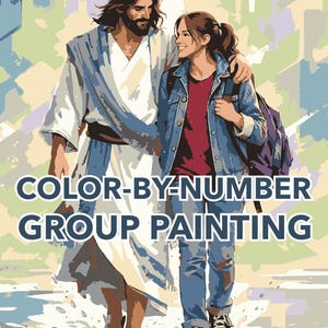 Puede incluir: Pintura de grupo para colorear por números que muestra a dos figuras caminando juntas. Una figura lleva una túnica blanca y la otra una camisa roja y una chaqueta vaquera. Se muestra el texto "COLOR-BY-NUMBER GROUP PAINTING".