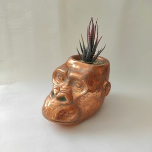 May include: A copper-effect ceramic gorilla head planter. The planter features a detailed face and holds a small succulent with green and red leaves. The planter is designed to hold a small plant and would suit a desk or shelf.