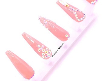 Pink diamond nails 1 | Press on nails | Diamond nail art | Pink nails |Rhinestone nails | Sparkle nails | Gemstone nails