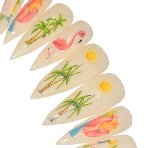 Summertime nails | Short stiletto nails | Flamingo nails | Palm tree nails | Swag | Trendy | Summer vibe | Vacation nails | Beach |Tropical