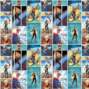May include: A repeating pattern of comic book panels featuring a superhero in a red, blue, and gold costume. The superhero is flying through space, surrounded by stars and planets. The panels are arranged in a grid pattern, creating a dynamic and visually appealing design.